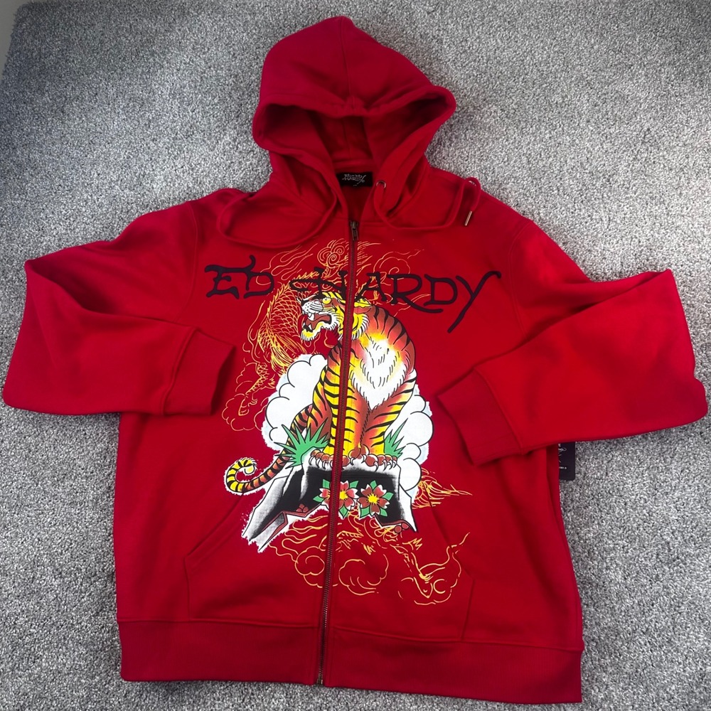 Ed Hardy Hoodie Mens XL Red Tiger Dragon Sweatshirt Street Tattoo Art Y2K  NEW